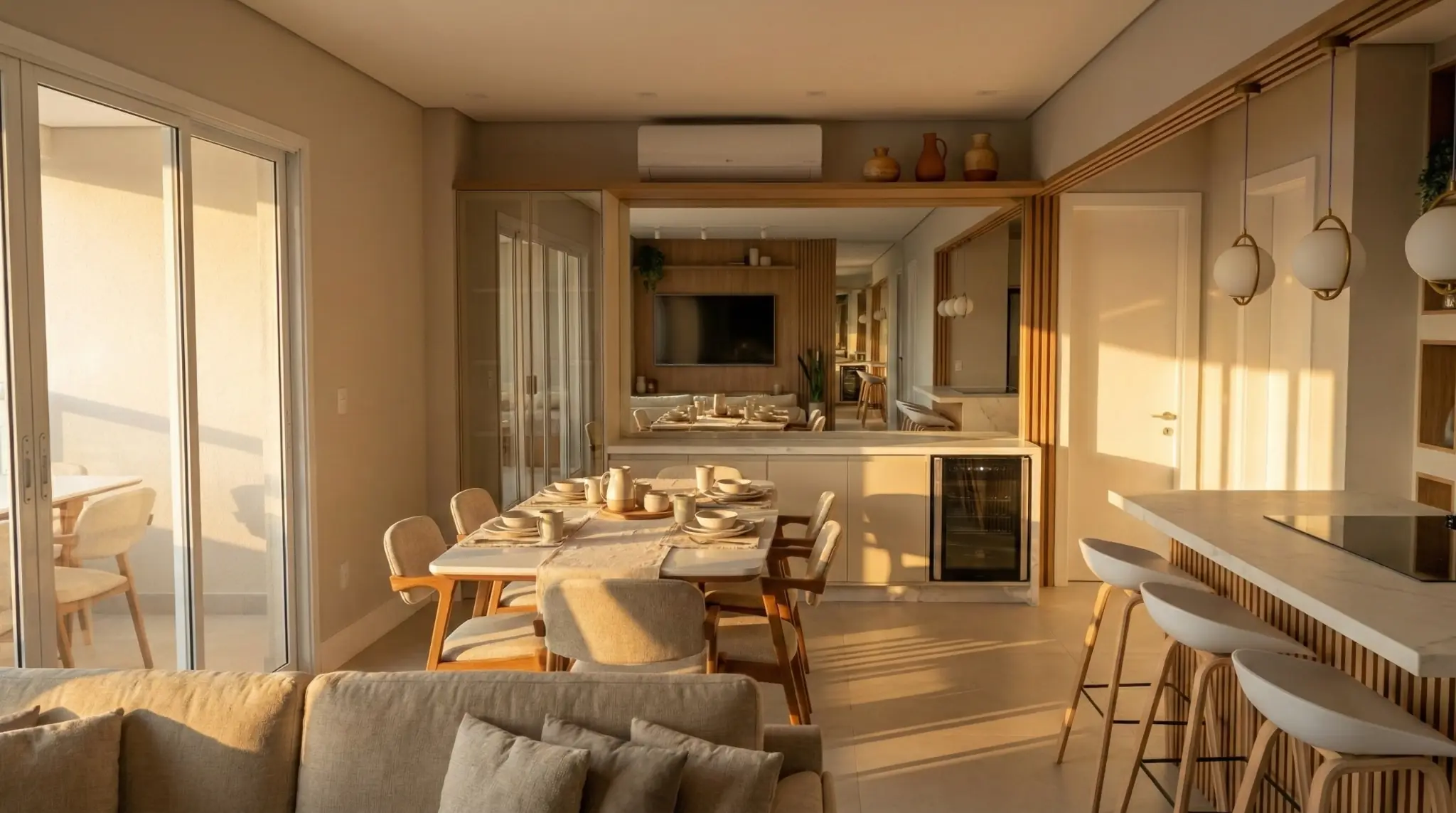 Ambiente residencial integrado projetado pela Portori, com marcenaria em madeira e luz natural