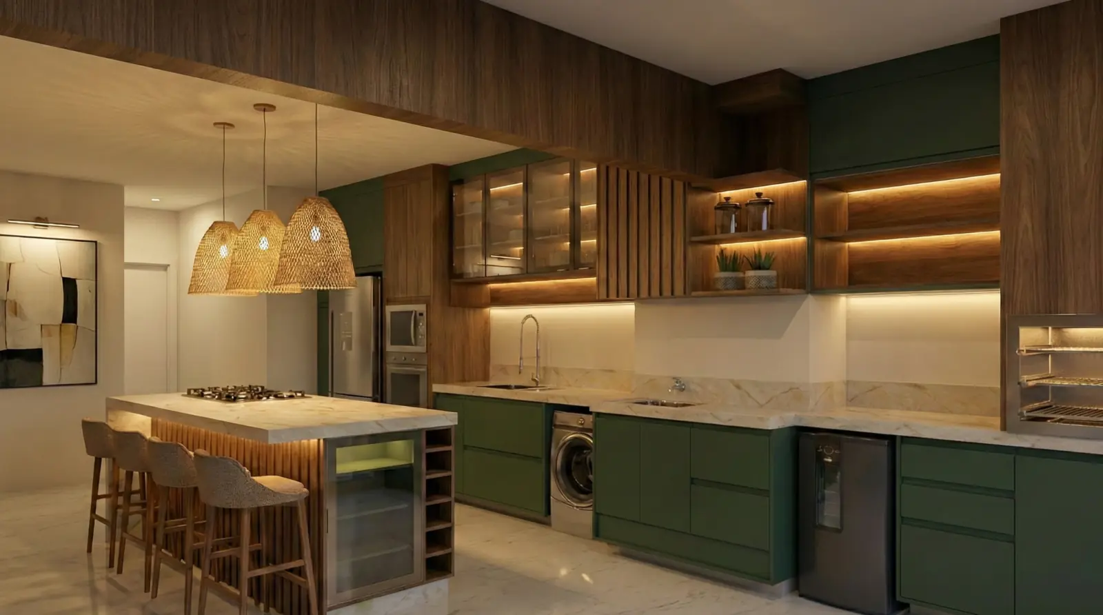 Cozinha com marcenaria verde, madeira natural e iluminação embutida