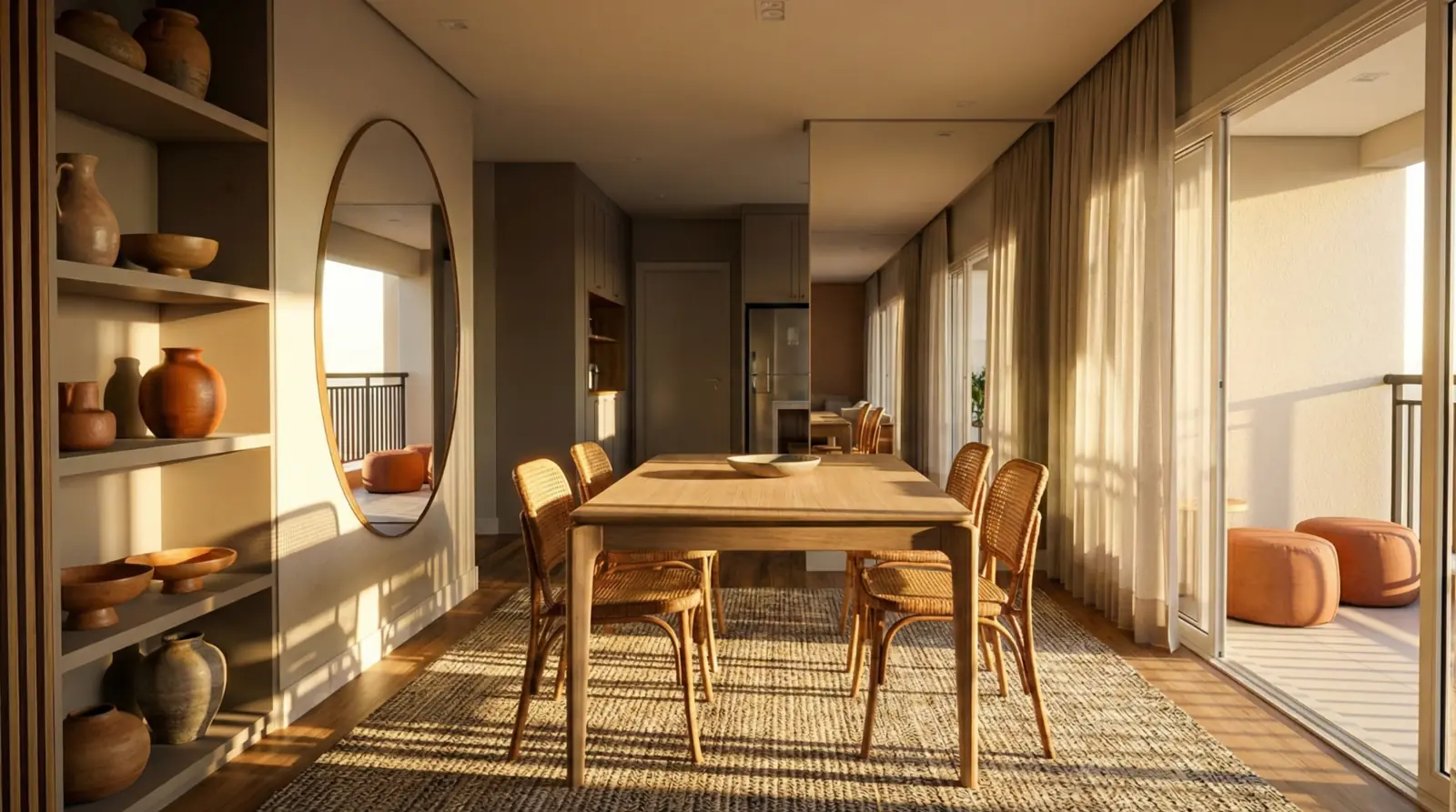 Sala de jantar integrada e iluminada pelo sol em apartamento residencial